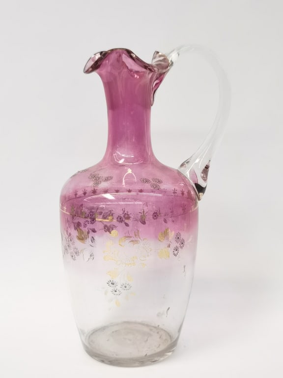 Vintage Fenton Glass Gilt Pink Glass Cruet: Vintage Fenton Glass Gilt Pink Glass Cruet, 9.5in