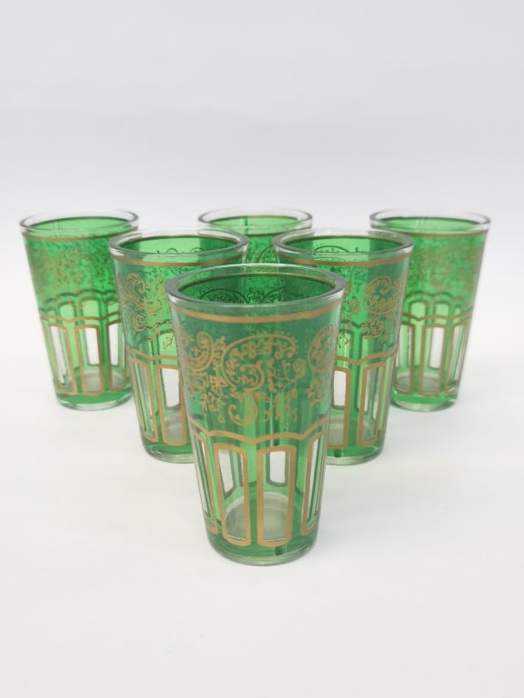 (6) Vintage Moroccan Moorish Green/Gold Tumblers: (6) Vintage Moroccan Moorish Green/Gold Tumblers, 3.75in