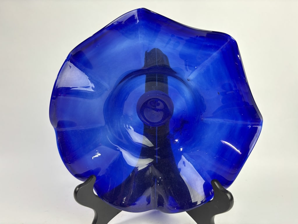 Vintage Cobalt Blue Ruffled Glass Wall Decor: Vintage Cobalt Blue Ruffled Glass Wall Decor, 8 7/8in by 3.5in