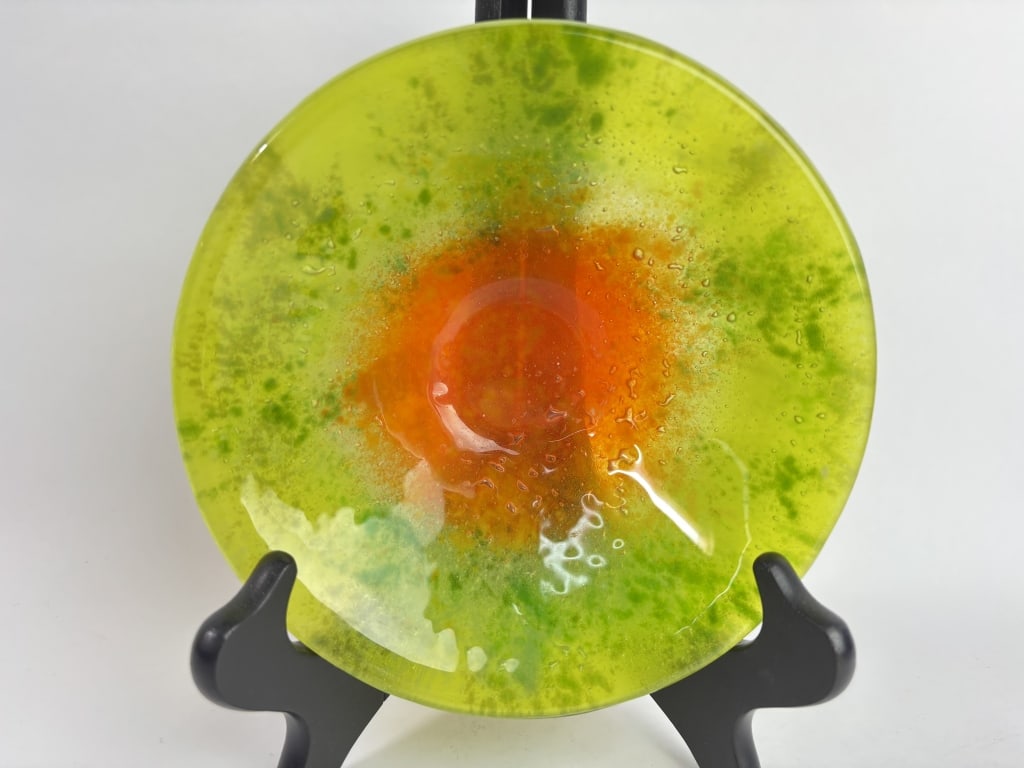 Green and Orange Art Glass Bowl: Green and Orange Art Glass Bowl, 6.25in by 2in