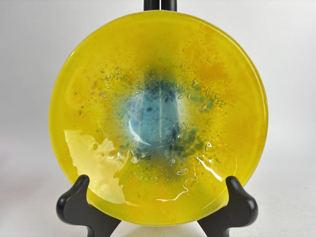 Yellow and Blue Art Glass Bowl: Yellow and Blue Art Glass Bowl, 6.25in by 2in