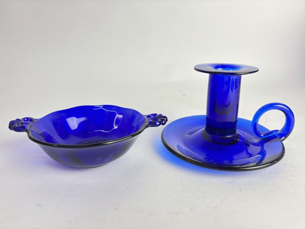 Cobalt Blue Glass Bowl and Candle Holder: Cobalt Blue Glass Bowl and Candle Holder, 6in & 3 3/8in