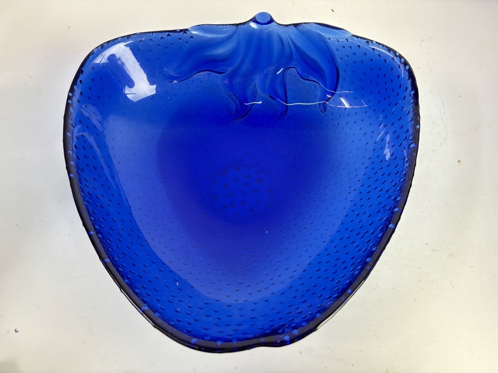 Cobalt Blue Glass Strawberry Bowl: Cobalt Blue Glass Strawberry Bowl, 10 1/8in by 10.75in by 3in