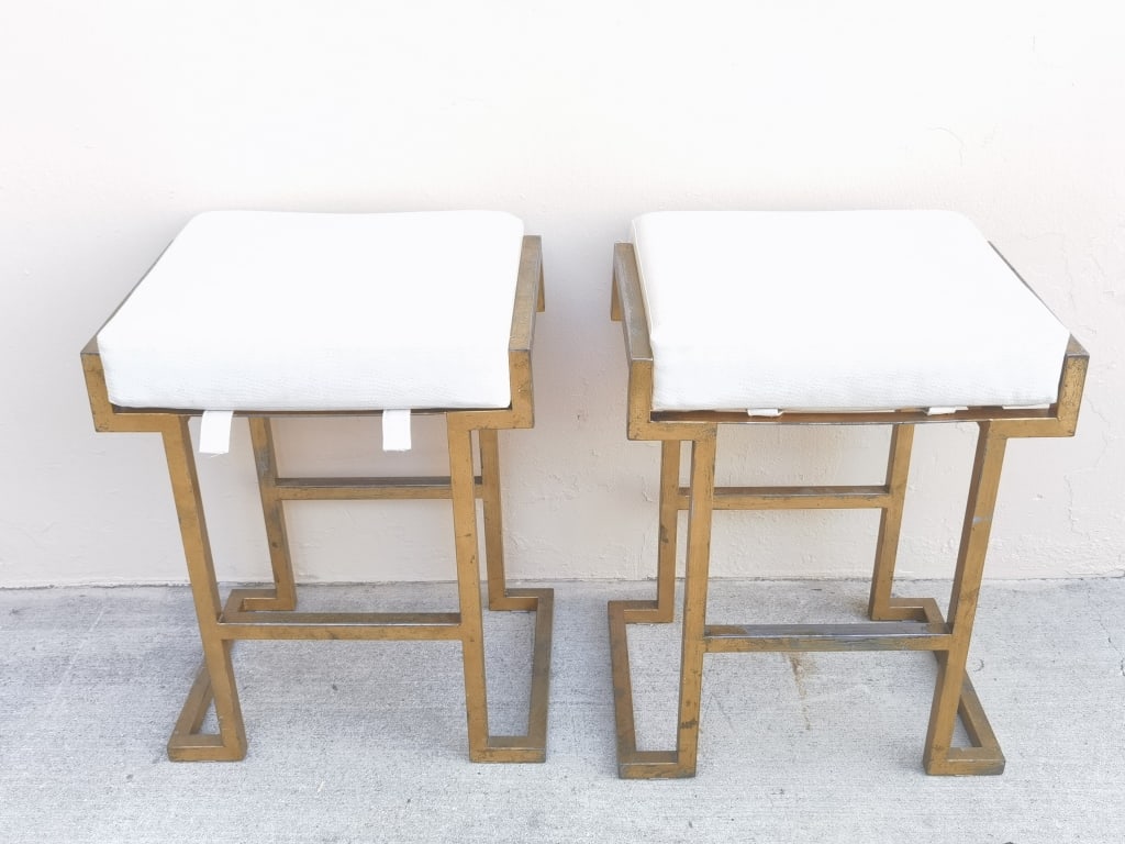 Pr. of MCM Gold-Chrome Bar Stools: Pr. of MCM Gold-Chrome Bar Stools, Wear on the gold chrome, 24in by 19in by 15in