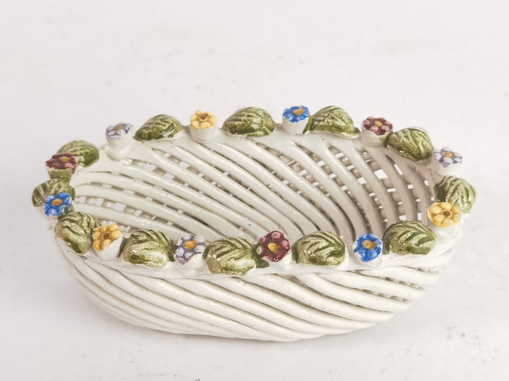 Vintage Ceramic Lattice Basket with Flowers: Vintage Ceramic Lattice Basket with Flowers, 4in by 1.5in