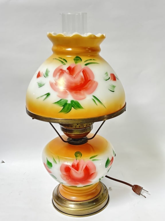 Vintage Hand Painted Glass Hurricane Table Lamp: Vintage Hand Painted Glass Hurricane Table Lamp, 16.5in