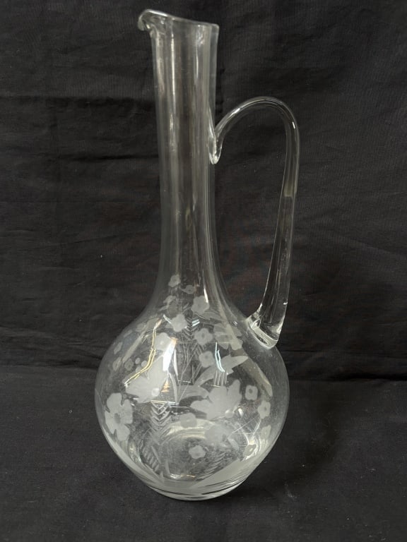 Vintage Etched Glass Cruet: Vintage Etched Glass Cruet, 12.75in