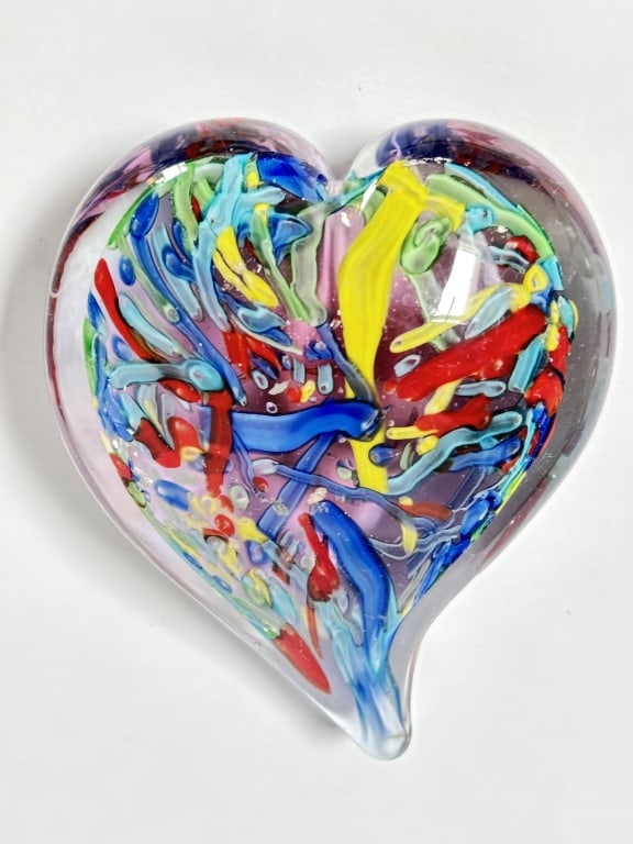 Vintage Murano Italy Millefiori Art Glass Heart Pa: Vintage Murano Italy Millefiori Art Glass Heart Paperweight, 4in by 1.5in