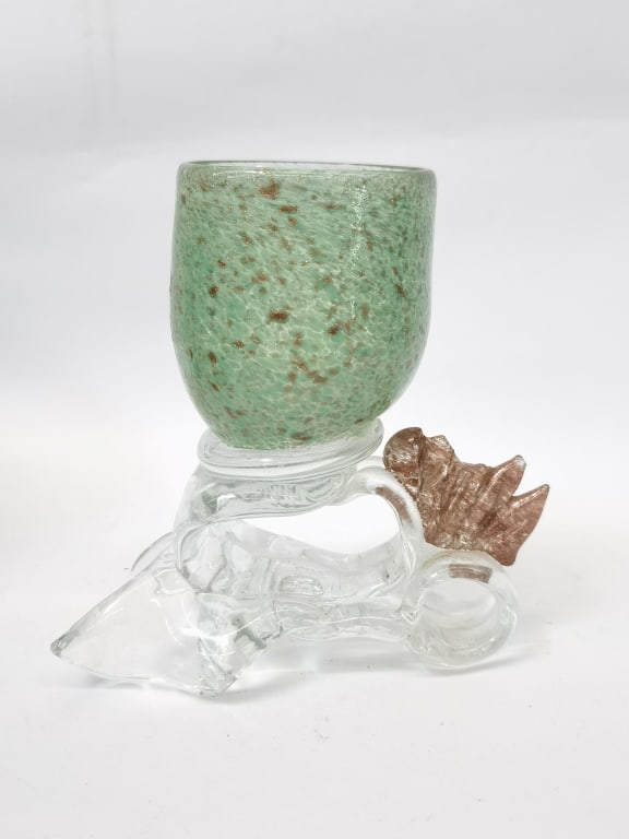 1997 Signed Licon Glitter Green Art Glass Votive: 1997 Signed Licon Glitter Green Art Glass Votive, 6 5/8in by 6 7/8in, Chipped