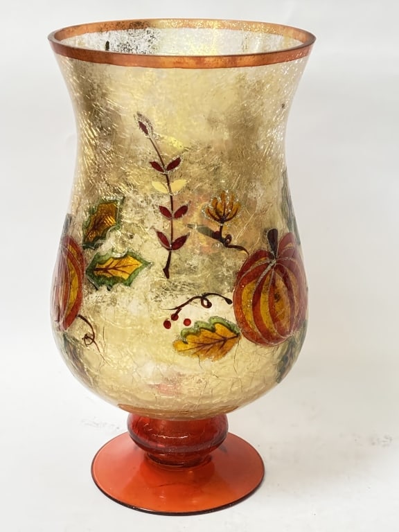 Large Vintage Autumn Pumpkins Art Glass Vase: Large Vintage Autumn Pumpkins Art Glass Vase, 12in by 7.5in