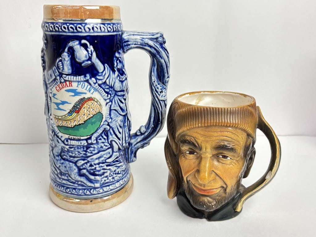 (2) Vintage Porcelain Stein Mugs: (2) Vintage Porcelain Stein Mugs, 9in