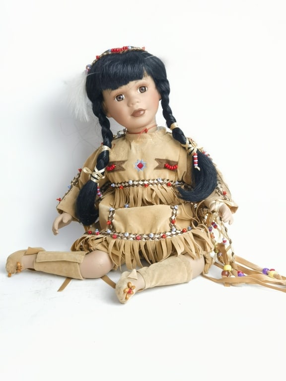 Vintage Native American Porcelain Doll: Vintage Native American Porcelain Doll, 11in