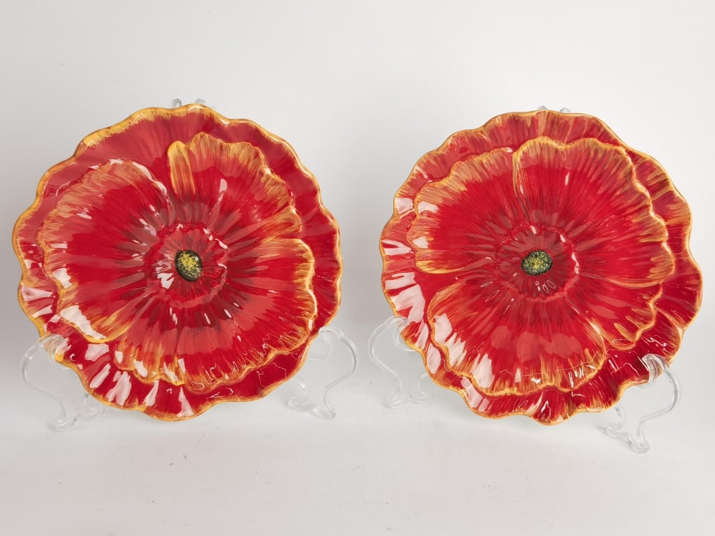 (2) Pier1Imports Porcelain Poppies Plates: (2) Pier1Imports Porcelain Poppies Plates, 7.75in