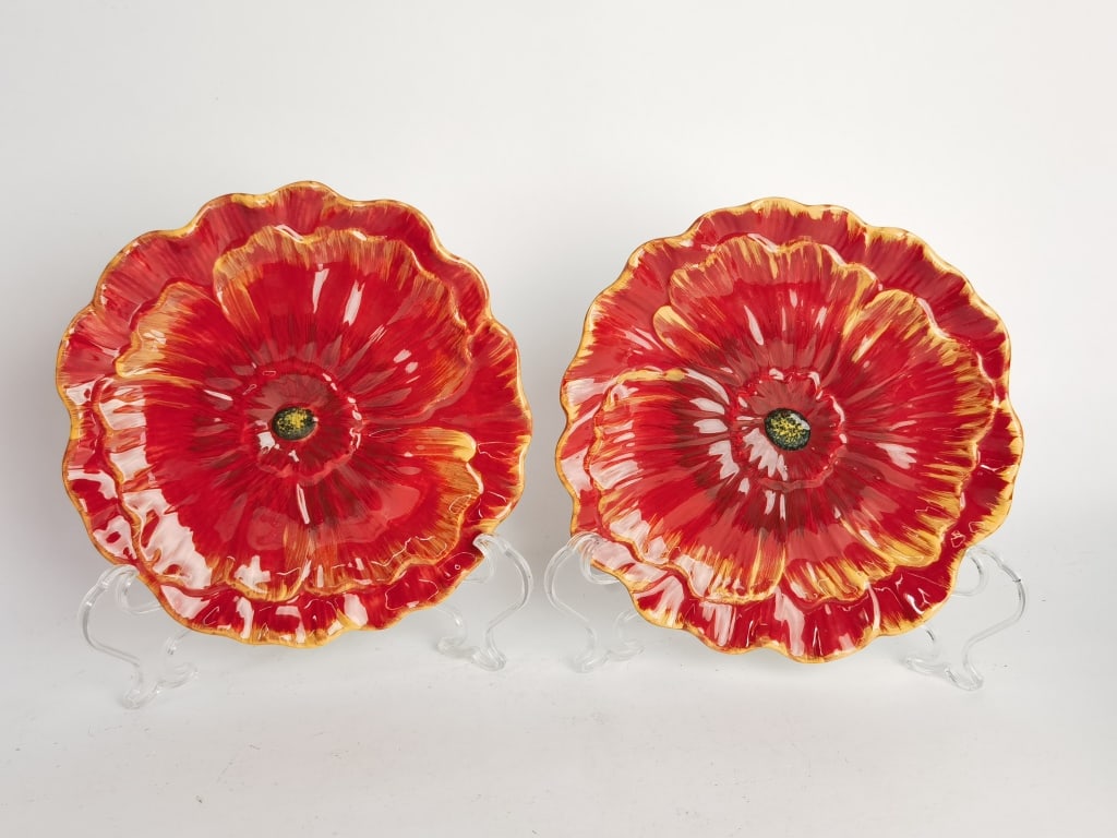 (2) Pier1Imports Porcelain Poppies Plates: (2) Pier1Imports Porcelain Poppies Plates, 7.75in