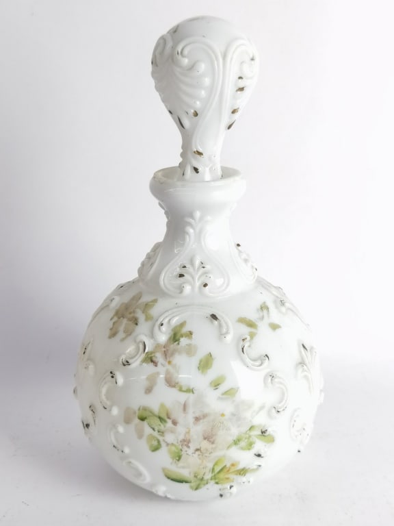 Antique Green Floral Satin Glass Vanity Bottle: Antique Green Floral Satin Glass Vanity Bottle, 10in