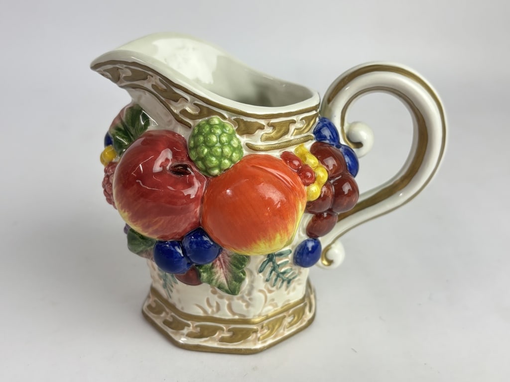 Vintage Fitz & Floyd Porcelain Fruits Creamer: Vintage Fitz & Floyd Porcelain Fruits Creamer, 4 1/8in by 5in