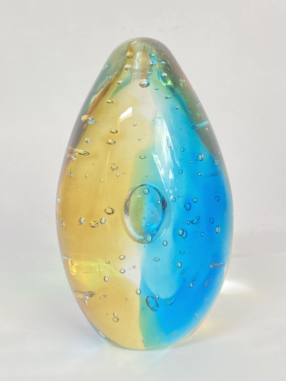 Unmarked Amber/Blue Bubble Glass Paperweight: Unmarked Amber/Blue Bubble Glass Paperweight, 6 7/8in