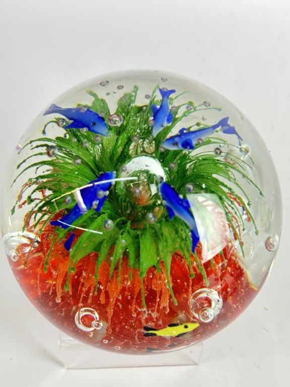 Vintage Murano Italy Aquarium Firework Glass Paper: Vintage Murano Italy Aquarium Firework Glass Paperweight, 5.25in by 5.5in
