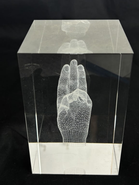 Vintage Clear 3D Glass Paperweight: Vintage Clear 3D Glass Paperweight, 4.75in by 3.25in by 3.25in