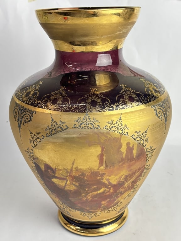 Ardalt Italy Ratto Elena G. Hamilton Gilt Amethyst: Ardalt Italy Ratto Elena G. Hamilton Gilt Amethyst Vase with Scene of Battaglia Cassioli, 13.75in by 10in