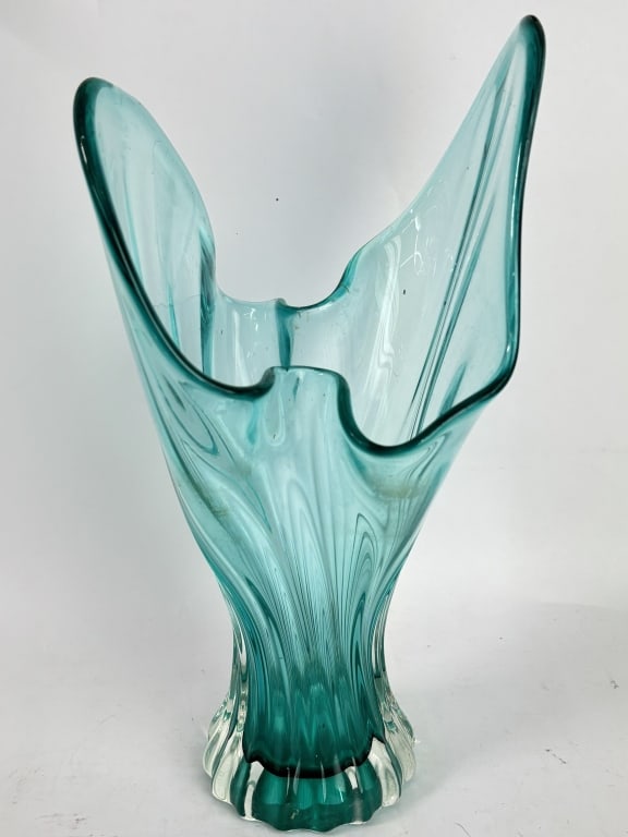 Vintage Murano Italy Blue Glass Handkerchief Vase: Vintage Murano Italy Blue Glass Handkerchief Vase, 13in by 6.5in