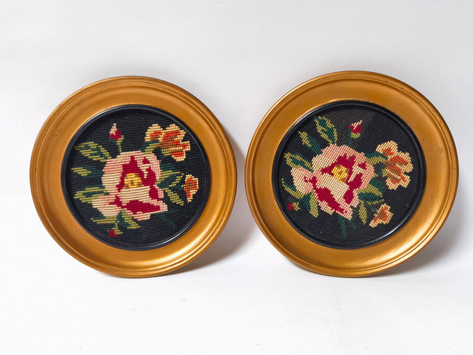 Pr. of Floral Cross Stitches in Gilt Frames: Pr. of Floral Cross Stitches in Gilt Frames, 7in