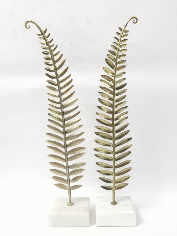 Pr. of Metal Leaf Decors on Stone Base: Pr. of Metal Leaf Decors on Stone Base, 20in