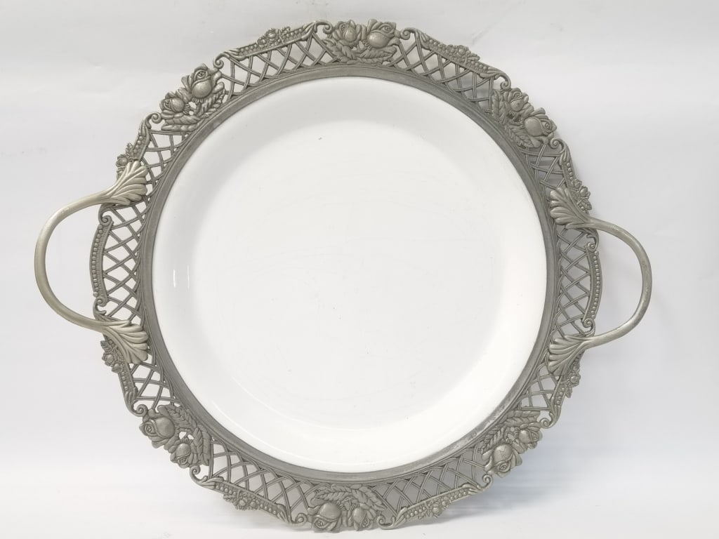 White Porcelain Pewter Rim Fruit Tray: White Porcelain Pewter Rim Fruit Tray, 19.5in by 17in