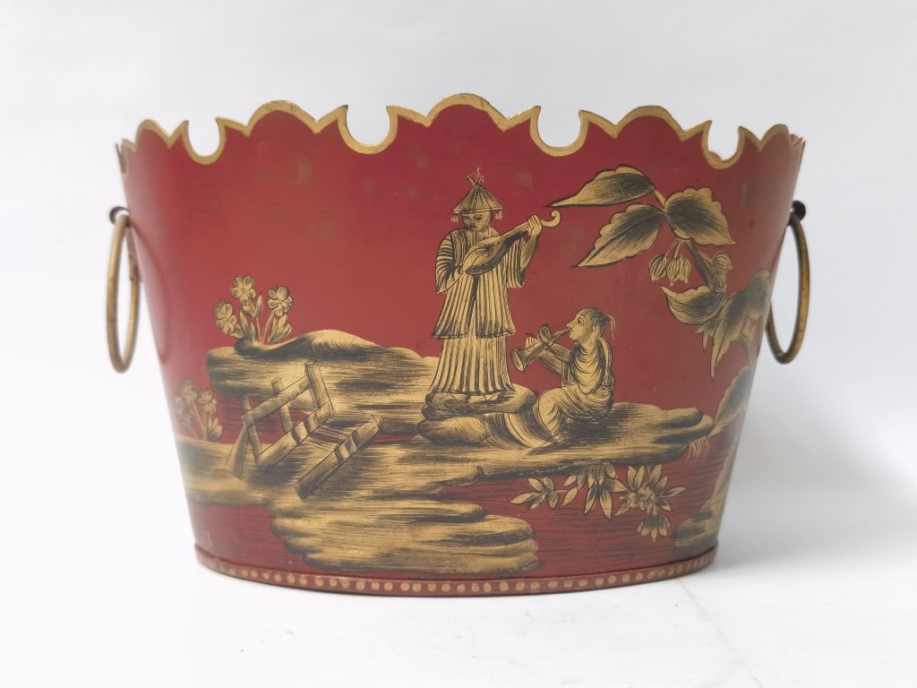 Vintage Chinoiserie Red/Gold Hand Painted Cachepot (1 of 3)