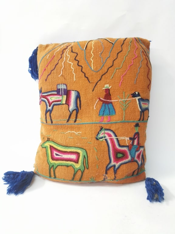 Vintage Mexican Beaded Embroidery Pillow: Vintage Mexican Beaded Embroidery Pillow, 16in by 13in