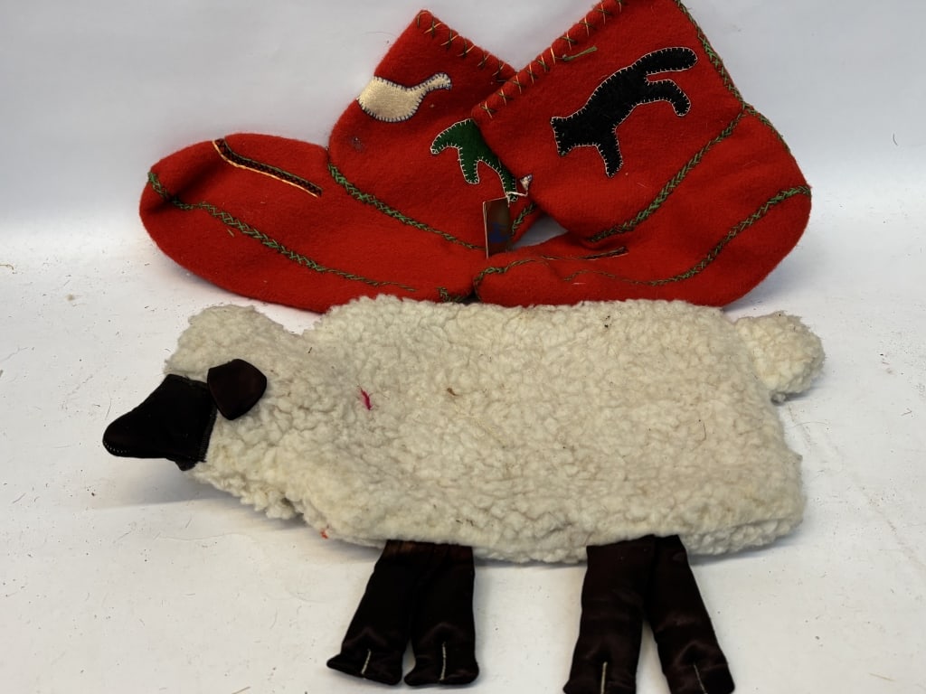 Vintage Christmas Stockings and Wool Sheep: Vintage Christmas Stockings and Wool Sheep, 16in by 11.5in