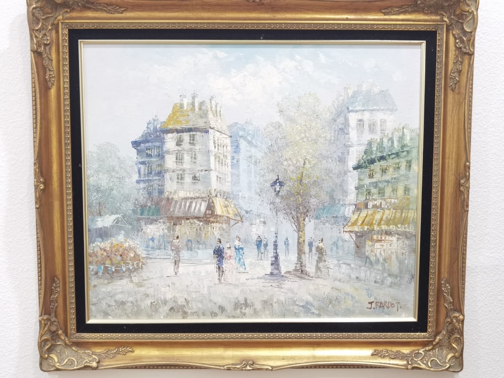 French Street Scene Oil Painting, Signed J. Bardot: French Street Scene Oil Painting, Signed J. Bardot, 27in by 31in