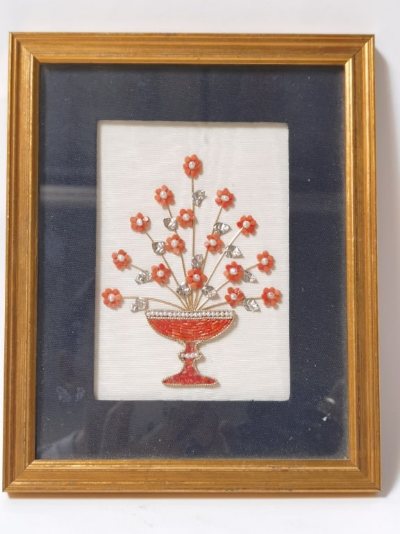 Natural Red Coral Bead Floral Wall Art: Natural Red Coral Bead Floral Wall Art, 9.5in by 7.5in