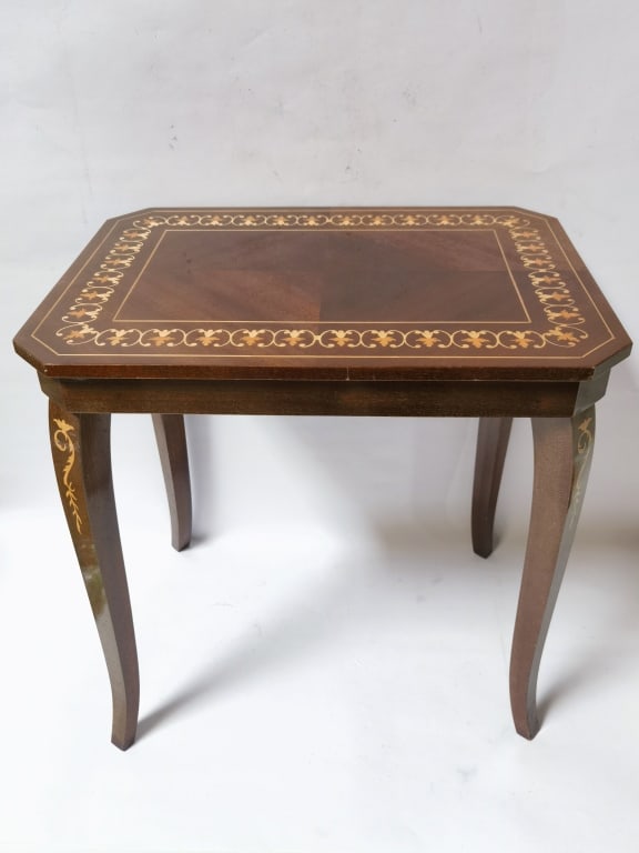 Vintage Italian Marquetry Side Table: Vintage Italian Marquetry Side Table, 18in by 17in by 12.5in