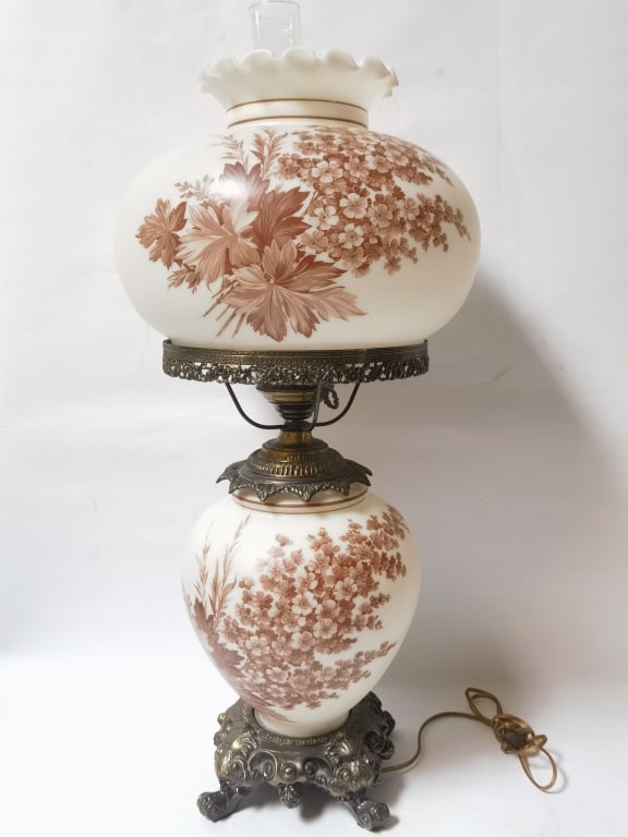 Large Vintage Milk Glass Floral Hurricane Lamp: Large Vintage Milk Glass Floral Hurricane Lamp, 32in