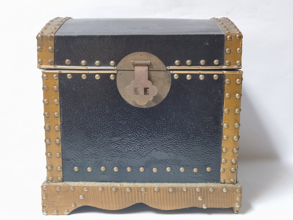 Asian Black Lacquer over Wood Brass Decor Treasure: Asian Black Lacquer over Wood Brass Decor Treasure Box, 15in by 14in by 13in