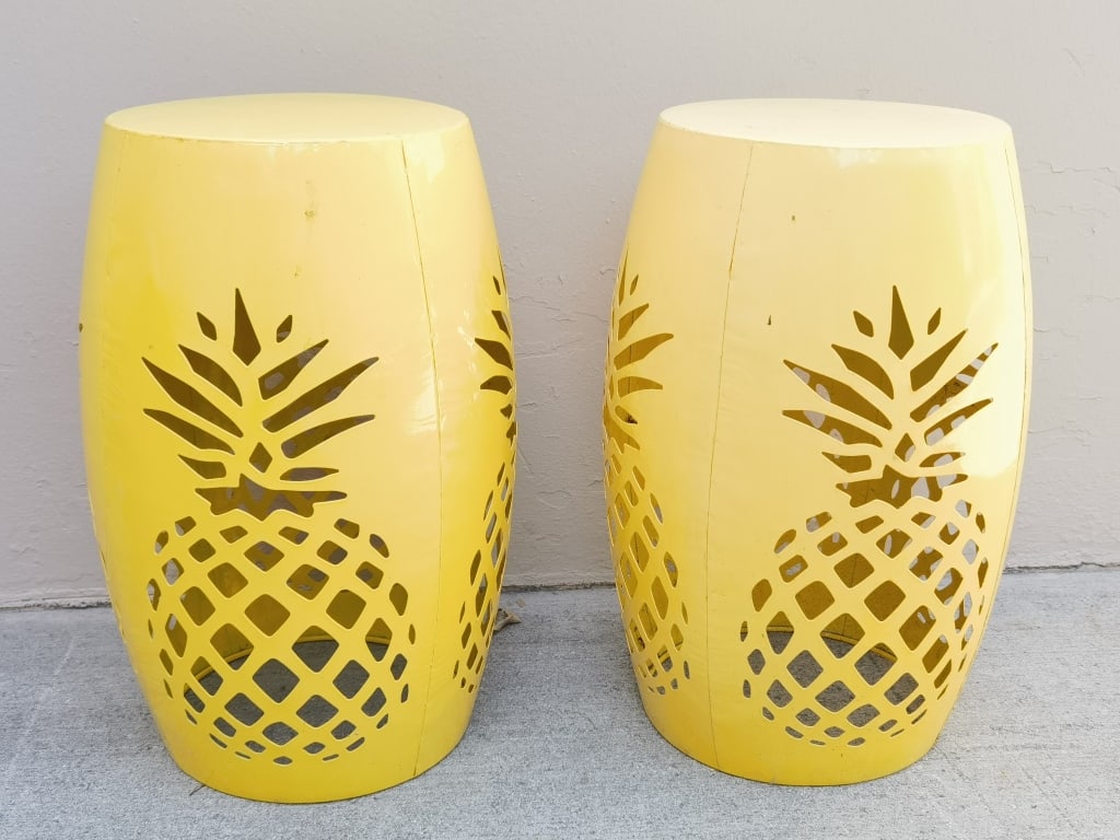 Pr. of Yellow Metal Pineapple Stools: Pr. of Yellow Metal Pineapple Stools, 18.5in by 11in