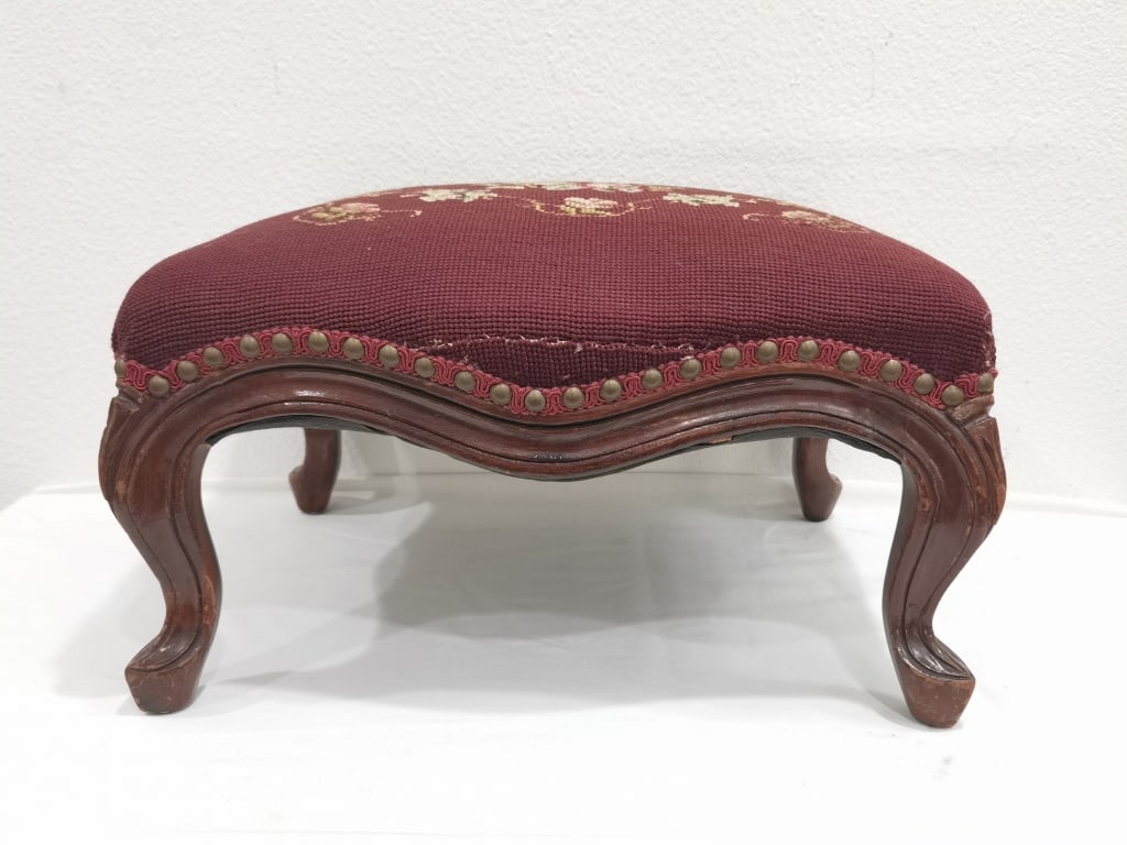 Antique French Carved Wood Stool with Needlepoint (1 of 4)