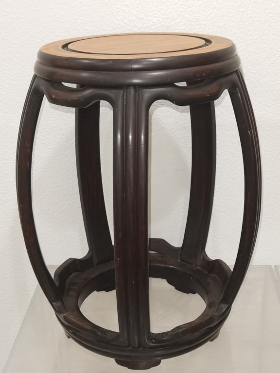 Vintage Chinese Hongmu Carved Garden Seat: Vintage Chinese Hongmu Carved Garden Seat, 18.5in by 15in