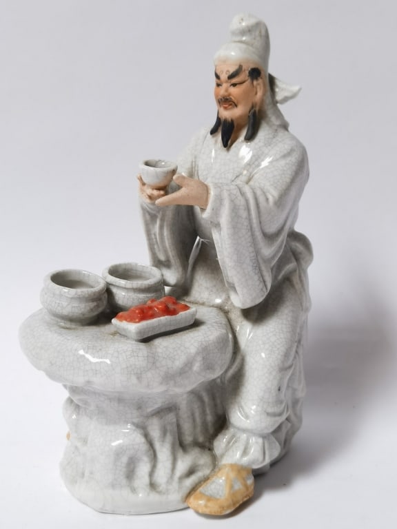 Crackle-Glaze Porcelain Figurine of a Scholar: Crackle-Glaze Porcelain Figurine of a Scholar, 8in