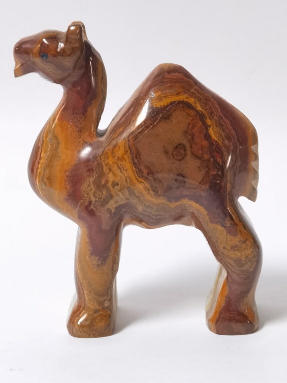 Pakistan Carved Banded Onyx Camel Figurine: Pakistan Carved Banded Onyx Camel Figurine, 5.25in