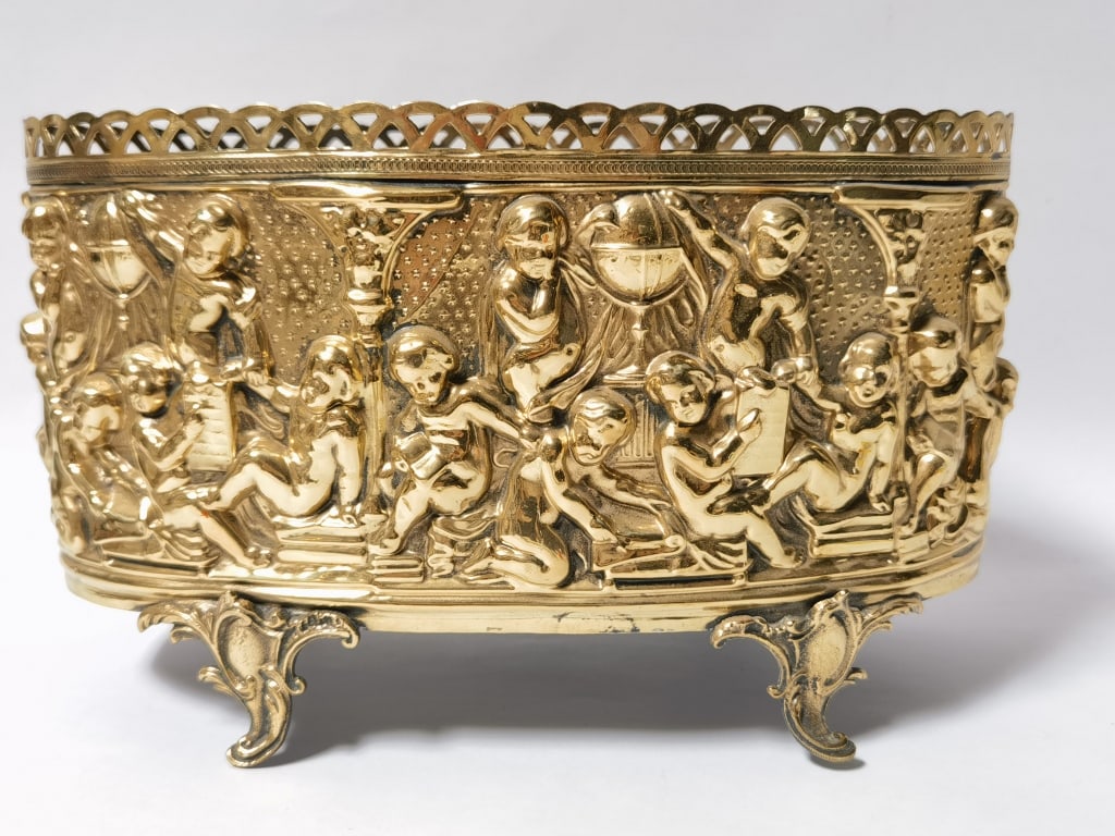 Large Vintage Embossed Brass Planter: Large Vintage Embossed Brass Planter, 12.5in by 6.5in by 7.5in