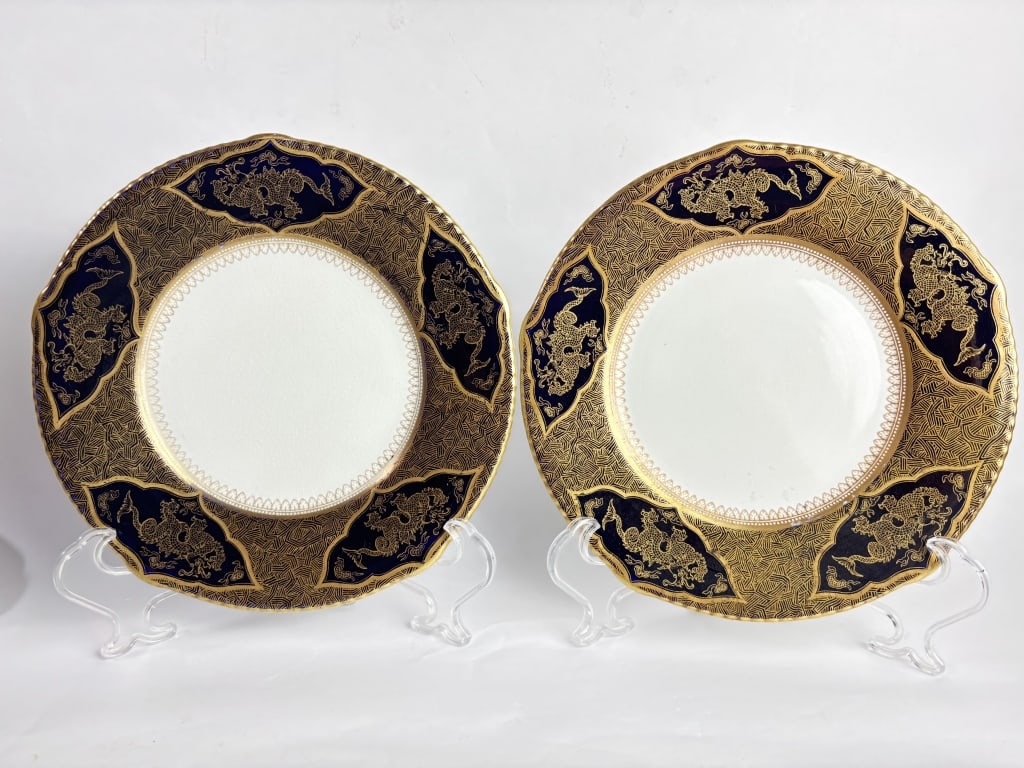 Pr. of Soliar Ware Soho Pottery Gilt Dragon Rim Pl (1 of 4)