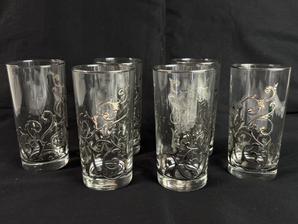 (6) Vintage Libbey Silver Fancy Scroll Tumbler Gla: (6) Vintage Libbey Silver Fancy Scroll Tumbler Glasses, 5.5in