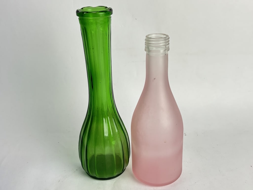 Green Ribbed Glass and Pink Frosted Glass Vases: Green Ribbed Glass and Pink Frosted Glass Vases, 8.75in