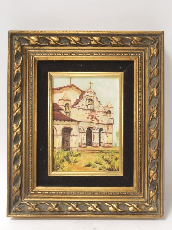 1975 B. Hughell Oil Painting of Mission San Antoni: 1975 B. Hughell Oil Painting of Mission San Antonio de Padua, 12.5in by 10.25in