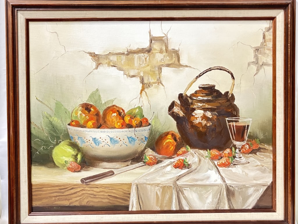 Vintage Signed H.C. Fu Still Life Oil Painting: Vintage Signed H.C. Fu Still Life Oil Painting, 33in by 27in