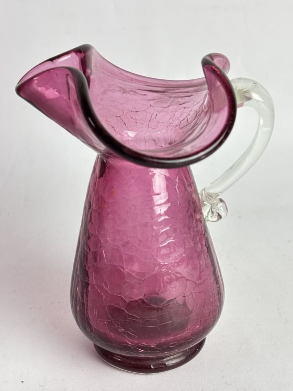 Vintage Amethyst Crackled Glass Creamer: Vintage Amethyst Crackled Glass Creamer, 5in