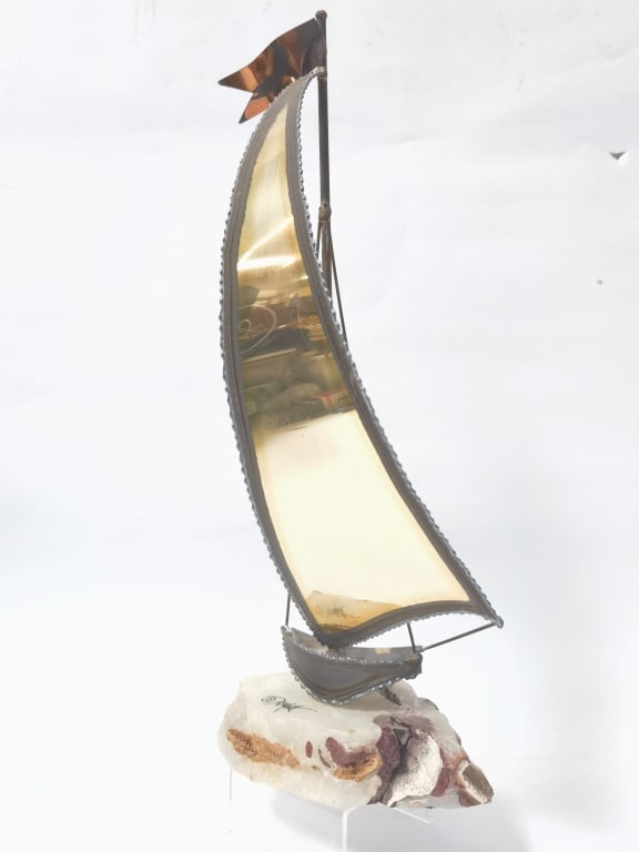 Vintage DeMott Brass Sailboat Sculpture on Onyx Ba: Vintage DeMott Brass Sailboat Sculpture on Onyx Base, 15in by 6in