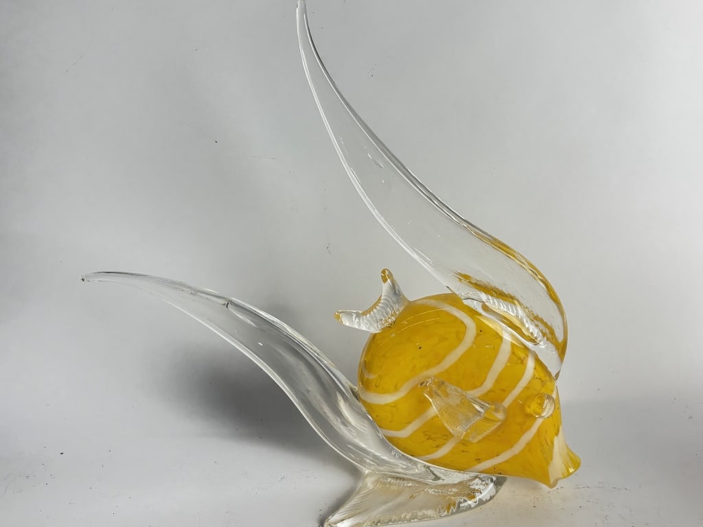 Large Vintage Murano Italy White Striped Yellow Gl: Large Vintage Murano Italy White Striped Yellow Glass Fish, 12.5in by 12in